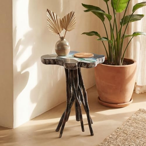 Licht-Erlebnisse Beistelltisch Teak Holz Epoxidharz B: 45 cm geölt Meer Design Handarbeit Unikat Bali Beistell Tisch für Wohnzimmer Flur