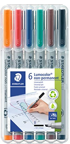 STAEDTLER Universalstift Lumocolor non-permanent, breite Keilspitze ca. 1,0 - 2,5 mm, feucht abwischbar, für fast alle Oberflächen, 6 Folienstifte in sortierten Farben, 312 WP6
