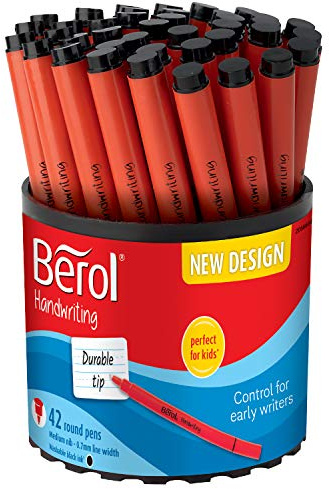 Berol Handwriting Pens, Round Shape, Washable Black Ink, Bright Barrels, Tub of 42