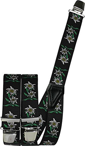 Harrys-Collection Hosenträger mit Edelweiss in 5 Farben mit 3 Clipsen, Farben:schwarz