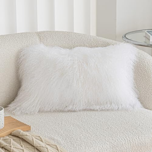 ROSE FEATHER Kissenbezug aus echtem 100 % tibetischem, mongolischem Lammfell, Wolle, 30,5 x 50,8 cm, superweiches Plüschleder, Akzent-Kissenbezug für Wohnzimmer, Schlafzimmer, Weiß, 30,5 x 50,8 cm