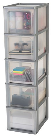 Iris Ohyama Unidad de almacenamiento de plástico con 5 cajones profundos, Plata, formato A4, A5 y A6, multiusos, para oficina, escuela, papelería, armario y hogar, Torre, Organizador, OCH-2500