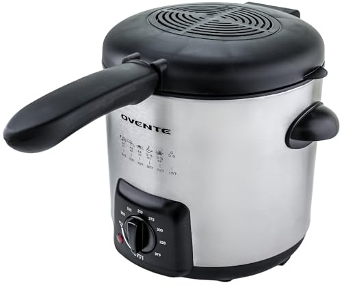 OVENTE Electric Deep Fryer, 0.9L Capacity, 840W with Adjustable Temperature, Locking Lid, Removable Fry Basket & Cool-Touch Handles, Stainless Steel Countertop Fryer, Silver FDM1091BR