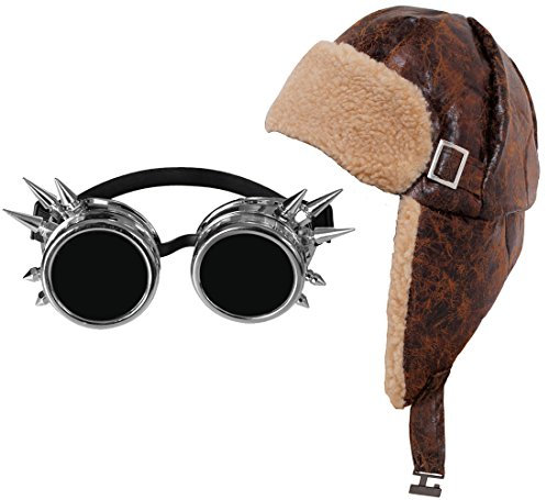 I LOVE FANCY DRESS LTD FLIEGERMÜTZE/RUSSEN KOSTÜM VERKLEIDUNG Retro Variation=HELLES TEDDYFELL Innenseite = Kunstleder KAMPFFLIEGER MÜTZE MIT OHRKLAPPEN Variation + Silber FARBENDEN Goggles