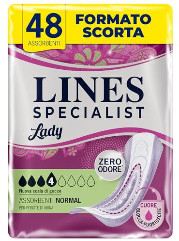 Lines Specialist Lady Normal, Assorbenti per Incontinenza Donna, con Tecnologia Zero Odore e Barriere Laterali Protettive, Scorta Mensile, 4 Confezioni da 12 Unità