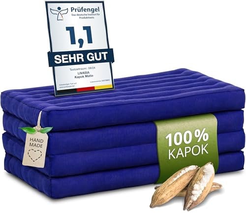livasia Nachhaltige Klappmatratze aus Kapok - 200x80x8cm - Gästematratze, Faltbare Matratze einfarbig, ökologische Yogamatte, klappbares Gästebett, Liege Garten Balkon (Blau Uni)