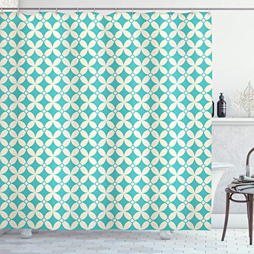 ABAKUHAUS Türkis Duschvorhang, Diamanten und Kreise, Stoffliches Gewebe Badezimmerdekorationsset mit Haken, 175 x 200 cm, Türkis Creme