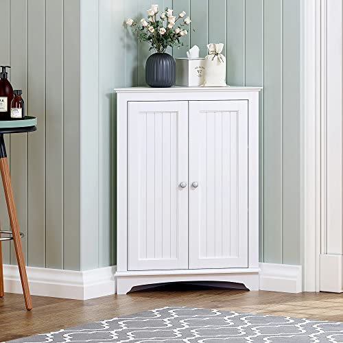 Spirich Home Floor Eckschrank mit zwei Türen und Regalen, freistehende Eckschränke für Badezimmer, Küche, Wohnzimmer oder Schlafzimmer, Weiß