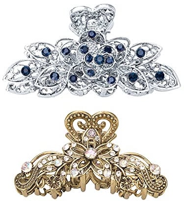 Parieo 2 Pack Vintage Crystal Rhinestone Metal Hair Clamp Hair Claw Clips Retro Flowers Hair Claw Clip Non-Slip Hair Jaw Clips for Bath Fancy Accessories