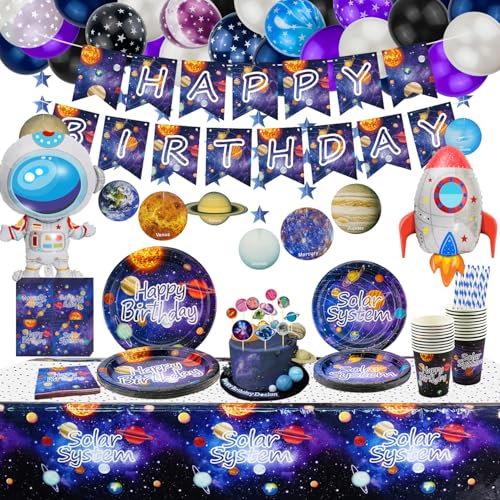 226 PCS Outer Space Party Supplies - Solar System Planet Balloon, Happy Birthday Banner, Hanging Swirls, Cake Topper, Plates, Napkins, Cup, Tablecloth for Boy Kid Party Decorations, Serves 20 Guest