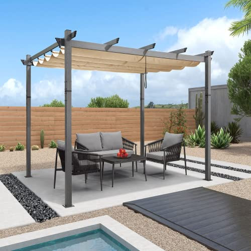 PURPLE LEAF 3 X 3 M Metal Pergola with Retractable Roof, Large Garden Pergola with Teak-Fnish Powder-coated Aluminum Fram for BBQ, Outdoor, Garden and Patio, Begie