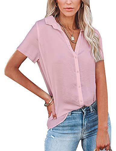 NONSAR - Chemisier à col en V pour Femme - Élégant - À Manches Courtes - Décontracté - avec Boutons - Idéal pour Travail
