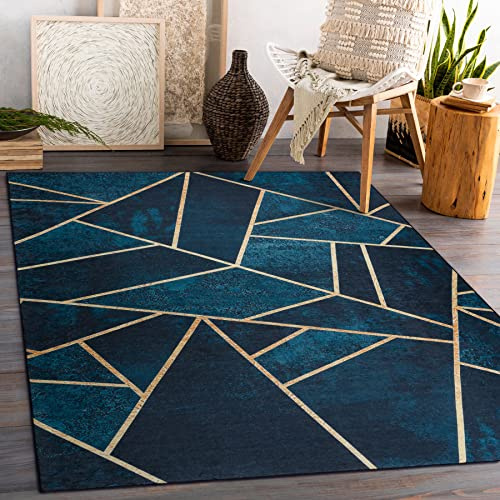 rugsx Andre Waschteppich für Kinderzimmer, Wohnzimmer, Schlafzimmer, Mosaik, geometrisch, Anti-Rutsch - Türkis/Gold 120x170 cm