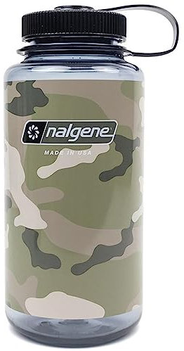 Nalgene Sustain Tritan Botella de agua sin BPA hecha con material derivado del 50% de residuos plásticos, 32 onzas, boca ancha, gris camuflaje