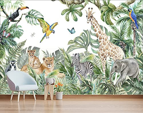 MWSSEGGE Vliestapete, Dschungeltiere, Giraffe, Elefant, Löwe, Poster, Fototapete, für Wohnzimmer, Schlafzimmer, Kinderzimmer, Wanddekoration (400 x 280 cm)