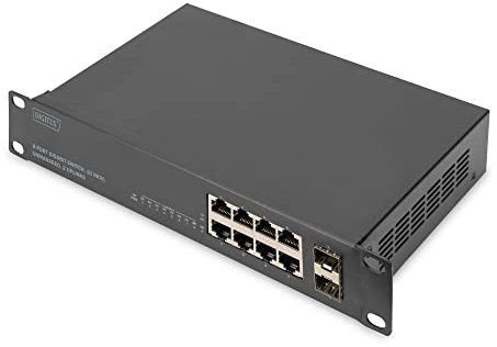 DIGITUS Switch di rete Gigabit Ethernet - 10 pollici - 8 porte RJ45 - 2 Uplink SFP - Non gestito - Backplane 20 Gbps - Auto MDI/MDI-X - Nero