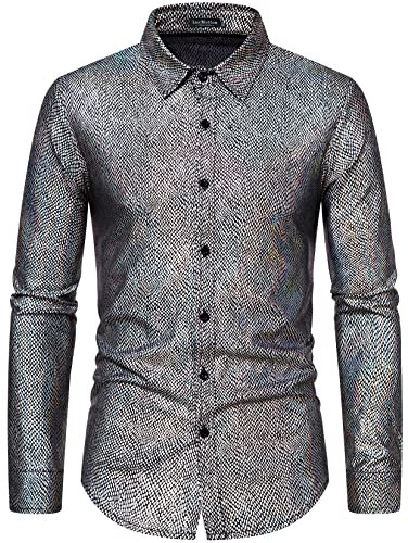 LucMatton Glänzende Metallic-Hemden für Herren, schmale Passform, Knopfleistenshirt, für Club, Rock, Hip-Hop, Disco, Party, Cosplay, Silbera, Mittel