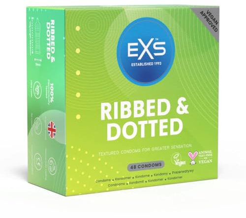 EXS | Strukturierte Kondome | Mit Naturlatex und Silikon-Gleitgel | Gerippt & genoppt | Vegan | 48er-Pack