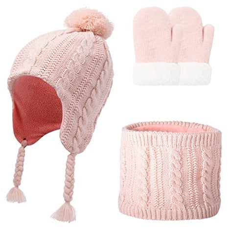 SEAUR Kinder Mütze Schal Handschuhe Set Jungen Mädchen Strickmütze mit Ohren Herbst Winter 1-6 Jahre
