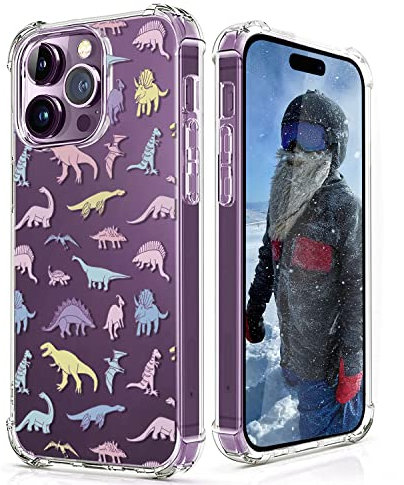 CAROKI Clear Case for iPhone 14 Pro with Colored Dinosaur Pattern - Bumper Protective Shockproof Soft Cover
