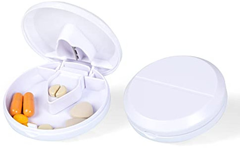 AOOWU Tablettenteiler, Tablettenspalter für Große und Kleine Tabletten, Tablettenschneider mit Aufbewahrungsfach für Tabletten-vitamin-medizin in Ein Halbes Viertel Schneiden(Weiß)