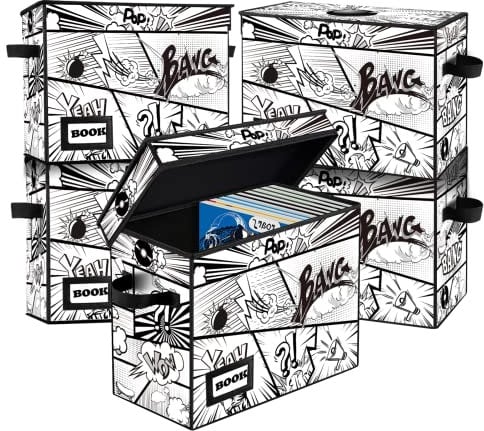 YNSZAS 5 Pack Comic Book Storage Box, 15.8 X 7.8 X 11.8, Collapsible Holds 160-180 Comic Book Short Box Bin Container Holder Shelf(Cartoon Bombs)