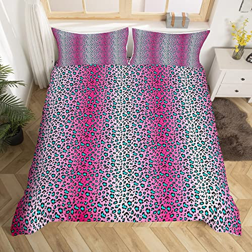 Leopard Print Duvet Cover Set Double Size, Pink Gradient Cheetah Print Bedding Set 3pcs for Kids Boys Girls Bedroom Decor, Wild Animal Comforter Cover Polyester Quilt Cover with 2 Pillowcases