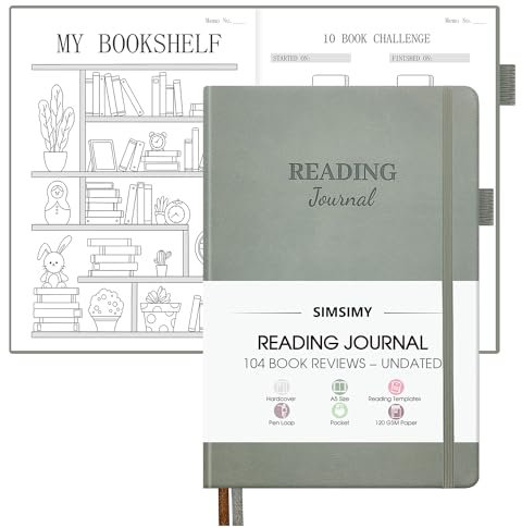 SIMSIMY Lese-Tagebuch mit 104 Buchbesprechungen, Buchjournal für Buchliebhaber & Leser – Buchrezensionen & Leseliste & Leseliste Herausforderung, Leseprotokoll, Notizbuch, Geschenk, A5, Grau
