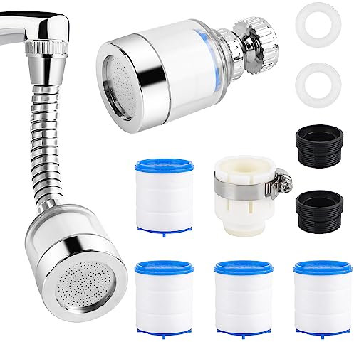 2 Pcs Filtre eau robinet réutilisables avec 4 filtre en coton PP, filtre robinet anti calcaire rotatif à 360 °, avec deux longueurs pour cuisine et salle de bain