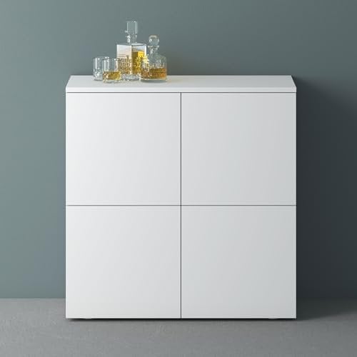 Mai & Mai Meuble de Rangement avec 4 Portes et 4 Compartiments Casier de Rangement Polyvalent Buffet Blanc Mat 76x36,4x74 cm SR04
