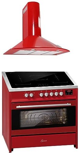 GURARI Induktions-Standherd E 913 R + GCH 046 RD 9, Range Cooker/Elektro Standherd 90 cm FLEX Induktionskochfeld + Dunstabzugshaube 90 cm, Rot