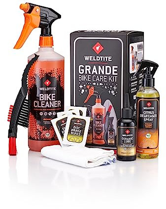 WELDTITE 6-in-1 Grande Bike Care Kit - Complete Cleaning & Maintenance Set With Bike Cleaner, Degreaser, Lube, Brushes, Wipes & Cleaning Cloth