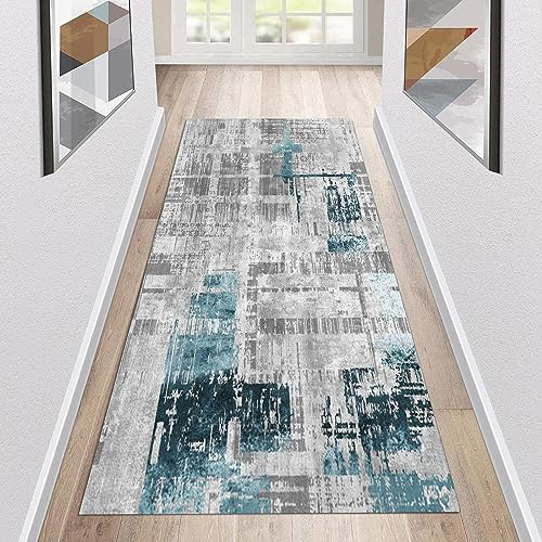 Siunwdiy Teppich Läufer Flur Küche Waschbar rutschfest 120x300cm Abstrakte Vintage grau und blau Lang Küchenteppich Flurteppich Teppich Fur Korridor Wohnzimmer Schlafzimmer Meterware Anpassbar