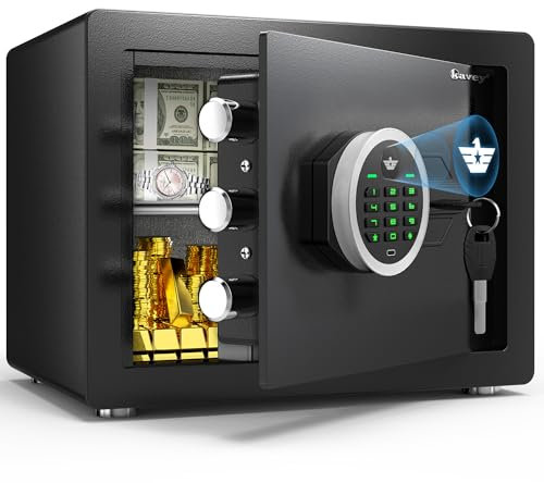 kavey 32L Safe Tresor, Mobeltresore mit digitalem Tastenfeld und dualem Alarmsystem,Geldkoffer mit Stummschaltmodus und LED- Licht herausnehmbarem Regal