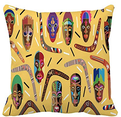 Pillow Cases 45X45cm, Panoramic Border Australian Boomerangs And Wooden African Masks Inspired Zippered Pillowcase Printed Cushion Cover For Gift Decoration Chair