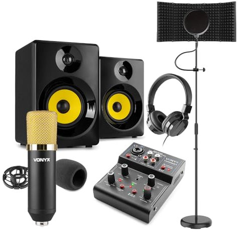 VONYX CM400B Complete Home Recording Studio Kit – Condenser Microphone Set with USB Mixer, Studio Monitors, Headphones, Reflection Filter & Pop Shield for Music Production & Podcasting