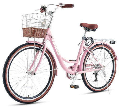 Viribus Women’s Comfort Bike, 66 cm 7 Speed Bicycle for Women, Beach & City Cruiser Bike with Shimano Derailleur Rattan Basket Steel Rack, Step Through Bike for Women Adults, Pink