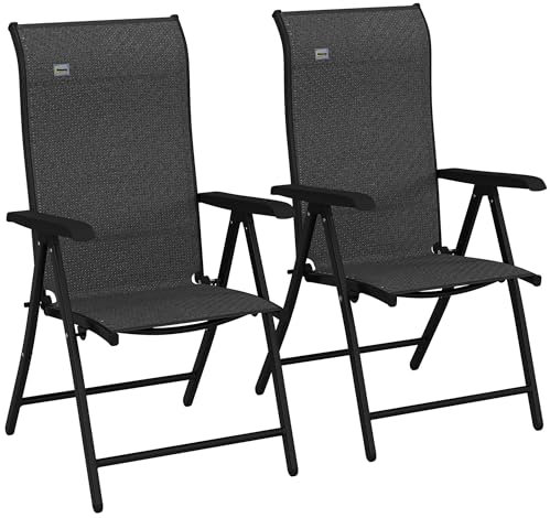 Outsunny Set of 2 Outdoor Wicker Folding Chairs, Patio PE Rattan Dining Armrests Chair set with 7 Levels Adjustable Backrest, for Outdoors, Camping, Grey