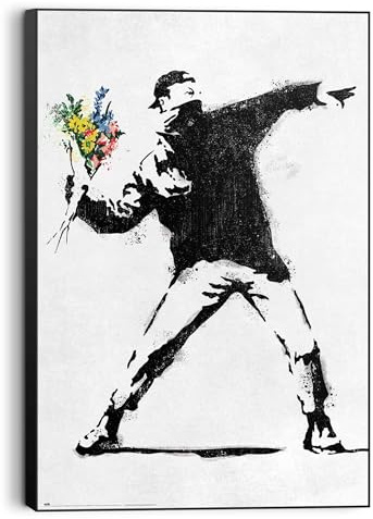 REINDERS Wandbild, Banksy - floral bomber, Wohnzimmer, Bilder, Wanddeko, Room Decor, MDF, Schwarz-Weiß, 90 x 60