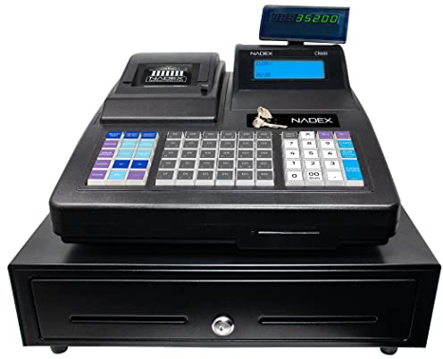 Nadex CR600 Cash Register, 9500 PLU Lookups 60 Dept 50 Clerks, 5 Bill 8 Coin Compartments 2 Check Slots Heavy Duty Steel Cash and Coin Drawer, Two Displays, Multiport