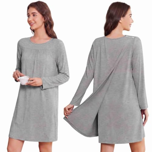 Deyeek Hospital Gowns for Women Tear Away Snap Long Sleeve Open Back Dress Nursing Gowns Post Shoulder Surgery Dress, Light Grey, L