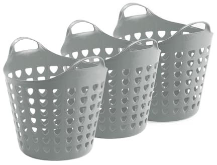 Kreher® flexibler Aufbewahrungskorb aus Kunststoff für Wäsche, Spielzeug und vieles mehr! In peppigen Farben mit Belüftungslöchern. 35 Liter Volumen, mit zwei großen Henkeln. (3er Set in Grau)