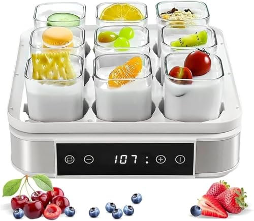 Yogurtera Digital Automática, Máquina de Yogur Griego con Pantalla LCD y 9 Frascos de Vidrio Reutilizables, Control de Temperatura Constante y Ajuste de Tiempo, para Yogur Orgánico, Queso,