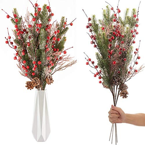 WPAJIRZO 5 Stück Künstliche Tannenzweige mit roten Beeren & Zapfen, extra Lange Deko Zweige 70 cm mit Schnee Effekt, Beerenzweig für Wohnzimmer Dekoration Arrangements