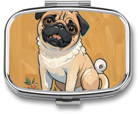 Tragbare Reise-Medizin-Box, Reise-Schmuckschatulle, täglich, niedlich, lustig, Cartoon, Mops, Welpen, Hunde, bedruckt, rechteckig, für Tabletten, Pillen, Kapseln, Süßigkeiten, Schmuck, Ohrstöpsel
