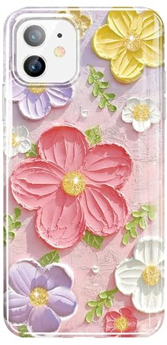 luolnh Compatible with iPhone 12/12 Pro Case Colorful Retro Oil Painting Printed Flower Glitter Glossy Cute Protective TPU Silicone Cover Phone Case for Girls Women(Pink Yellow)