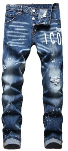 ZMIN Jeans strappate da uomo, vestibilità slim, piccola gamba, pantaloni blu, jeans maschili stretch a tubo, 1086, 42