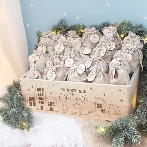 Personalisierte Adventskiste - Adventskalender aus Holz mit Namen - Gravur Kalender DIY - Weihnachtskalender für Kinder - hello mini (Winterlandschaft)