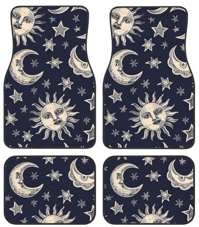 Auto Fußmatten Set 4pcs Auto Teppich Sonne Mond Sternenhimmel Boho Chic Art Universal Auto Boden Teppiche Auto Zubehör für Limousine, SUV, LKW, Vans