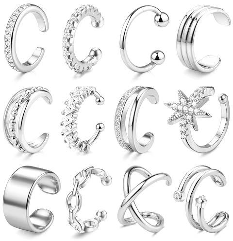 JeweBella Faux Piercing Oreille Ear Cuff Réglables Manchette Oreille Femme Or/Argent Non Piercing Faux Helix Cartilage Boucles d'Oreilles Clip 14K Plaqué Or Boucle Oreille Sans Trou